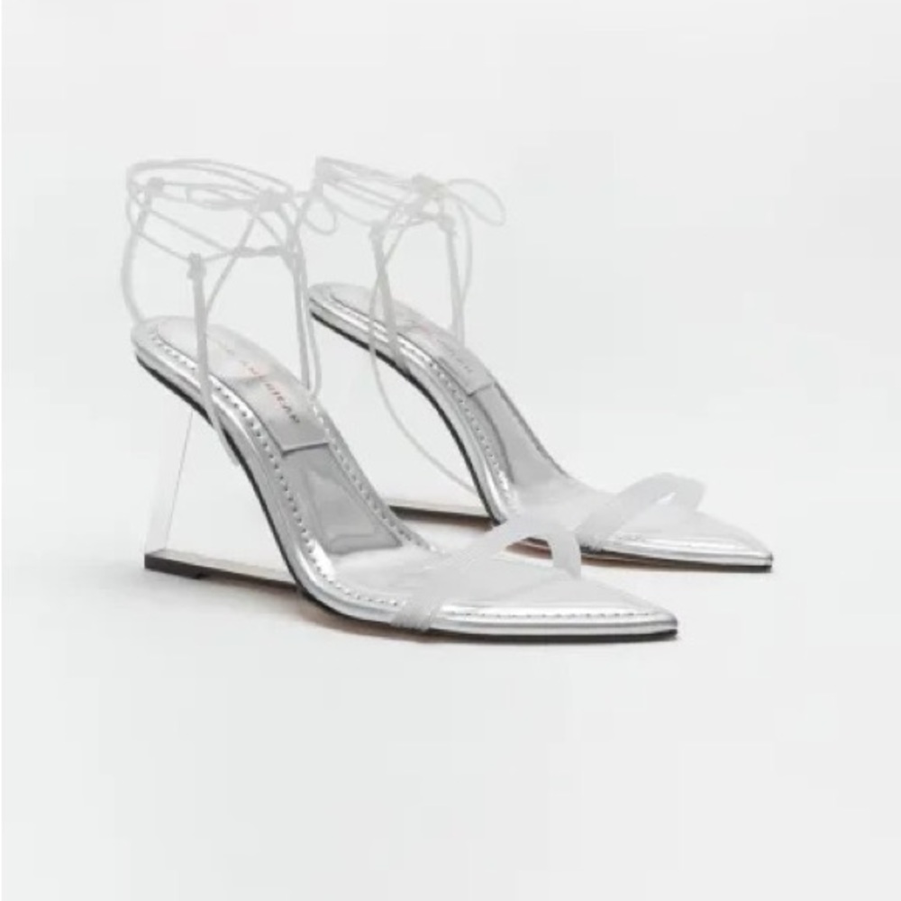 New Good American Cinder F**cking Rella Clear silver lucite wedge lace up heel